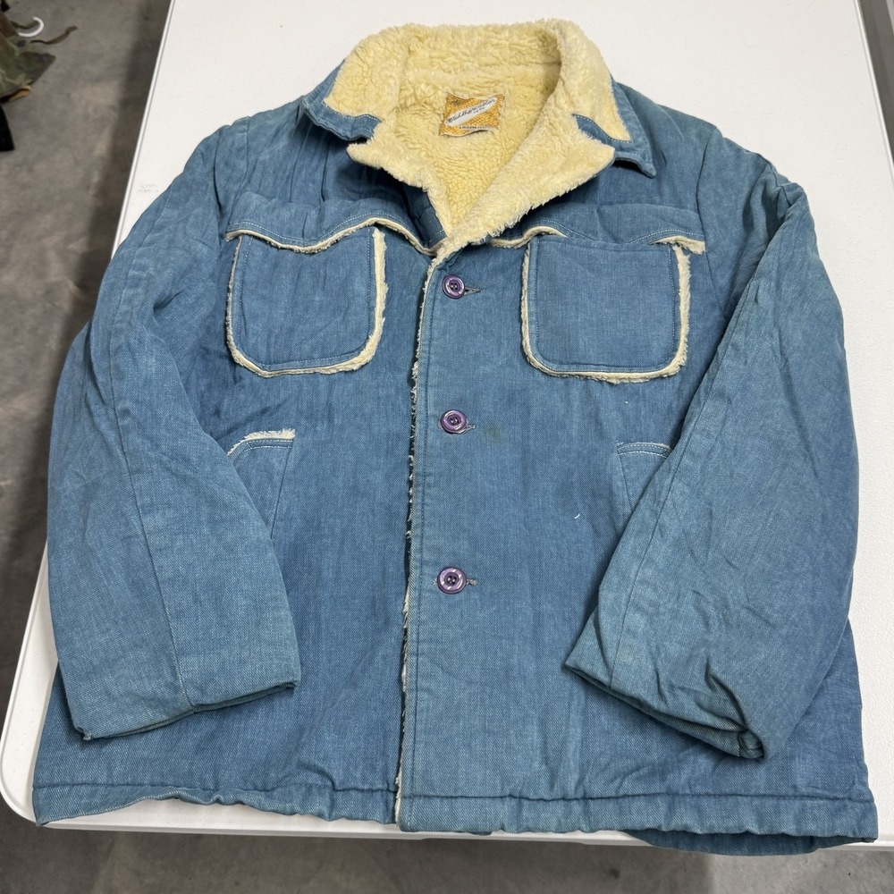 Weathercaster Chore Coat Mens XL Blue Good Vintage Sherpa Lined Denim Jacket
